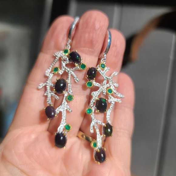 Black Opal & Crome diopside sterling & gold coral chandelier earrings - Picture 10 of 11